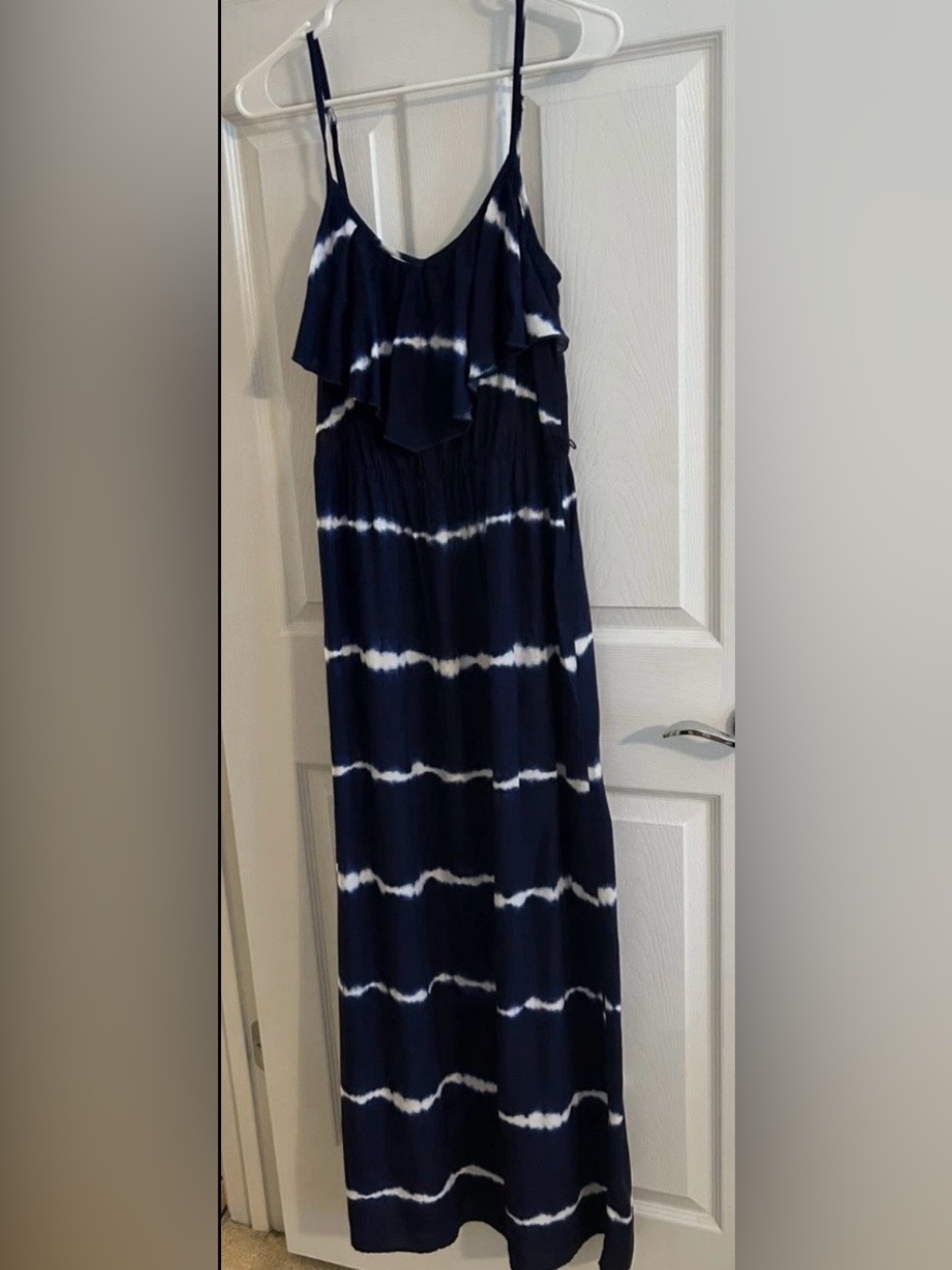 BCX Navy White Tie-Dye Striped Maxi Dress Sz M Adjustable Spaghetti Straps Boho